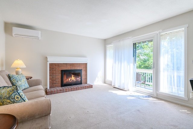 291 Heritage Vlg Unit C, Southbury, CT 06488 - living area with an AC wall unit, carpet floors, and a brick fireplace