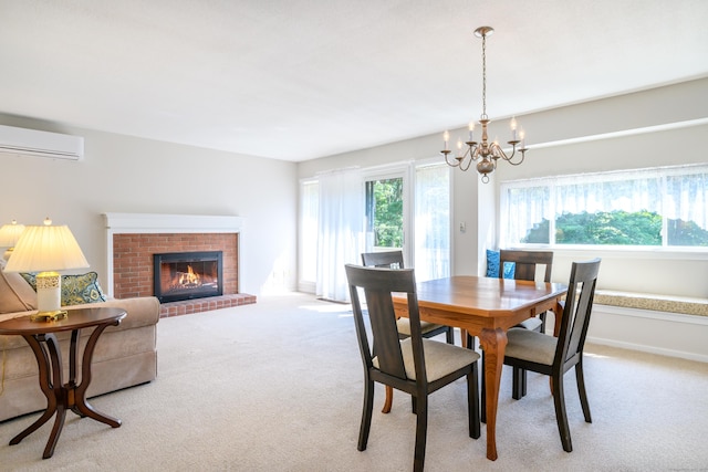 291 Heritage Vlg Unit C, Southbury, CT 06488 - dining area with a wall unit AC, light colored carpet, a chandelier, and a brick fireplace