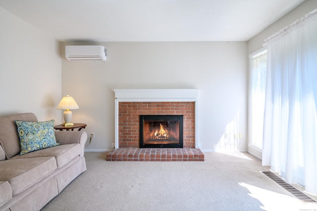 291 Heritage Vlg Unit C, Southbury, CT 06488 - carpeted living area with a wall mounted air conditioner and a brick fireplace