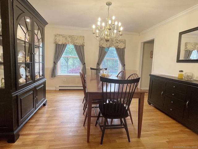1040 Purchase Brook Rd, Southbury, CT 06488 - dining area with a baseboard radiator, a chandelier, light wood-style flooring, and ornamental molding