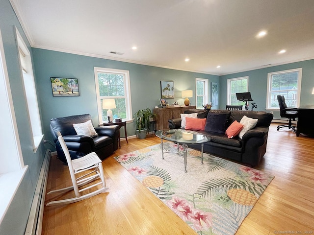 1040 Purchase Brook Rd, Southbury, CT 06488 - living room featuring a baseboard radiator, ornamental molding, light wood finished floors, healthy amount of natural light, and recessed lighting