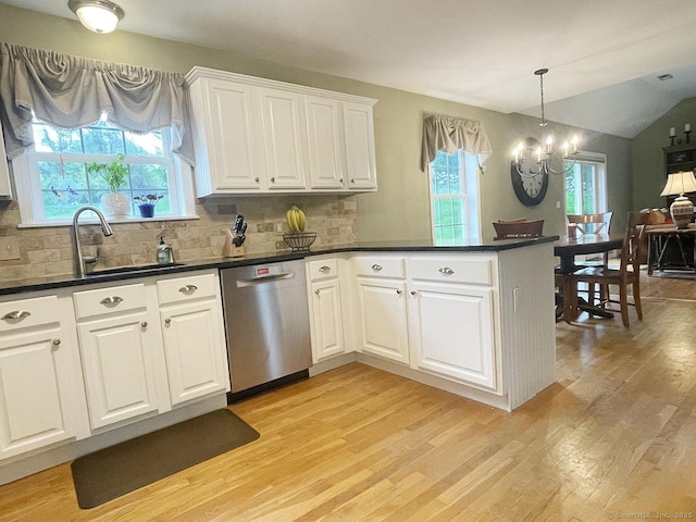 1040 Purchase Brook Rd, Southbury, CT 06488 - kitchen with dishwasher, light wood-style flooring, a peninsula, decorative backsplash, and white cabinets