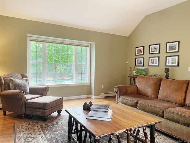 1040 Purchase Brook Rd, Southbury, CT 06488 - living room with a baseboard radiator, light wood-type flooring, and vaulted ceiling