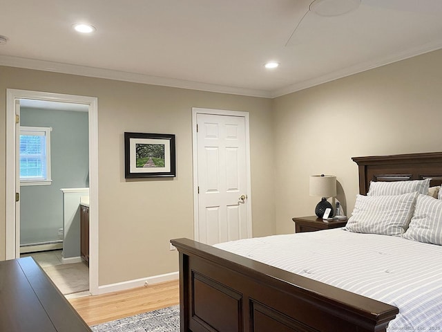 1040 Purchase Brook Rd, Southbury, CT 06488 - bedroom featuring a baseboard heating unit, light wood-style floors, crown molding, recessed lighting, and connected bathroom