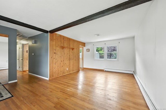 24 Westerly Dr, Enfield, CT 06082 - unfurnished living room featuring a baseboard heating unit, beam ceiling, wood finished floors, and wooden walls