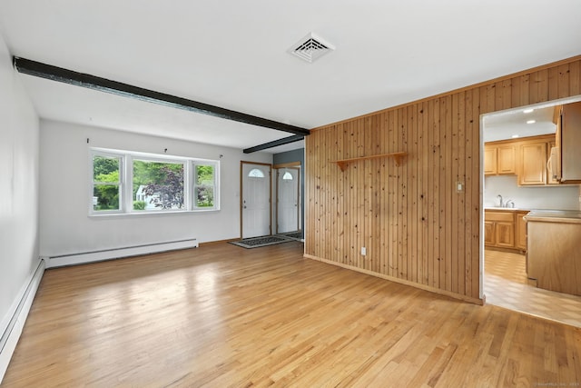 24 Westerly Dr, Enfield, CT 06082 - unfurnished living room featuring wood walls, a baseboard radiator, light wood-style floors, and beamed ceiling