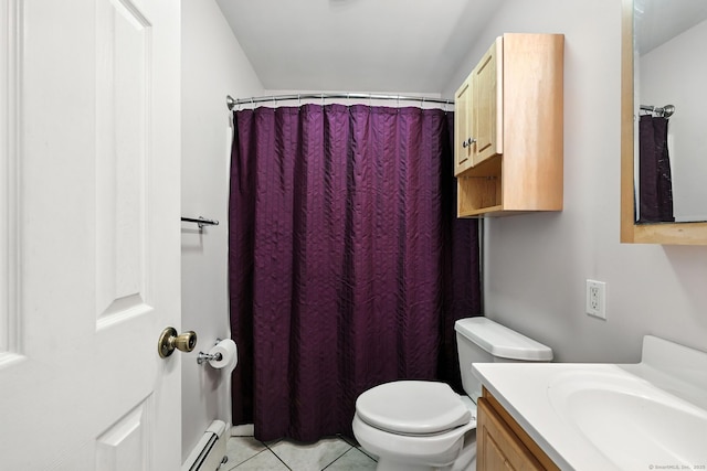 24 Westerly Dr, Enfield, CT 06082 - full bath with vanity, a baseboard radiator, tile patterned floors, and curtained shower
