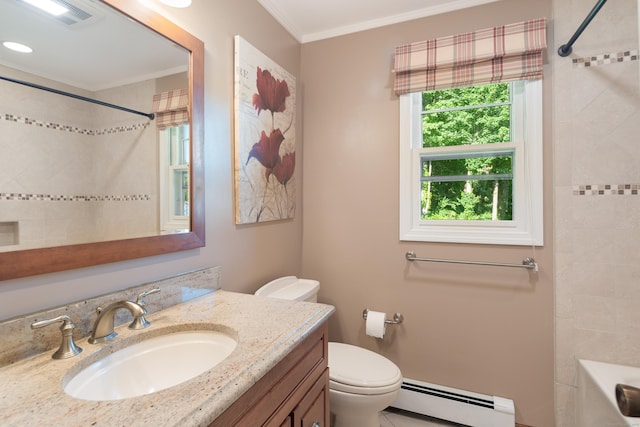 59 Judith Dr, Danbury, CT 06811 - bathroom with a baseboard radiator, vanity, crown molding, and shower / tub combo