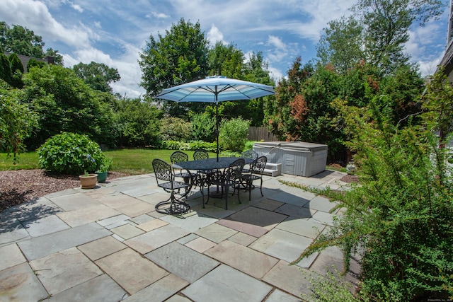 23 Mountain View Dr, West Hartford, CT 06117 - view of patio / terrace featuring a hot tub and outdoor dining space