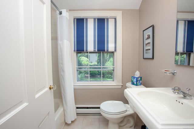 23 Mountain View Dr, West Hartford, CT 06117 - bathroom featuring a baseboard radiator, tile patterned floors, and shower / bath combo