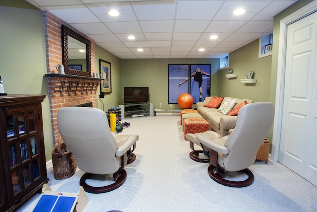 23 Mountain View Dr, West Hartford, CT 06117 - living area featuring carpet flooring, recessed lighting, a paneled ceiling, and a brick fireplace