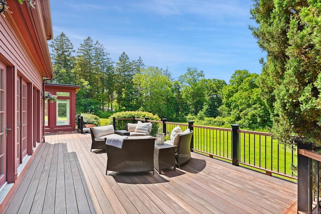 168 Sunset Hill Rd, Redding, CT 06896 - wooden terrace with outdoor lounge area and a yard