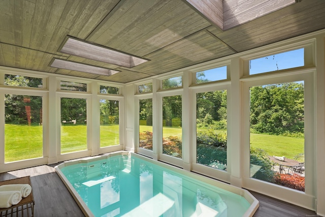 168 Sunset Hill Rd, Redding, CT 06896 - unfurnished sunroom featuring wooden ceiling, plenty of natural light, a jacuzzi, and wood finished floors