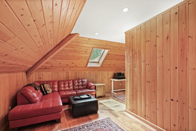 168 Sunset Hill Rd, Redding, CT 06896 - living area featuring a skylight, wooden walls, wood finished floors, wood ceiling, and recessed lighting