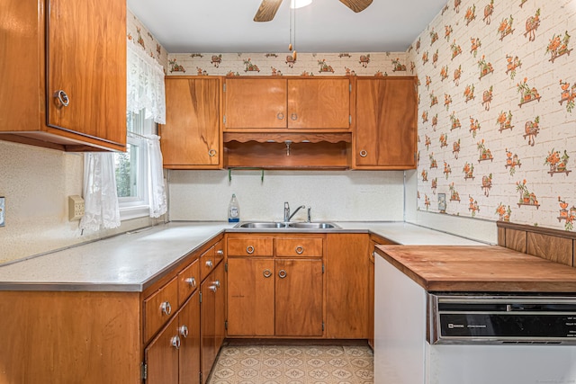 7 Weymouth Dr, Enfield, CT 06082 - kitchen with wallpapered walls, open shelves, light countertops, brown cabinets, and ceiling fan