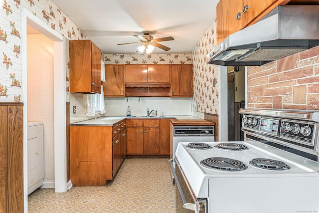 7 Weymouth Dr, Enfield, CT 06082 - kitchen featuring white electric range, under cabinet range hood, wallpapered walls, brown cabinets, and ceiling fan