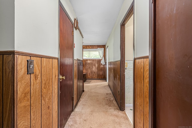 7 Weymouth Dr, Enfield, CT 06082 - hallway featuring wainscoting, wood walls, and light carpet