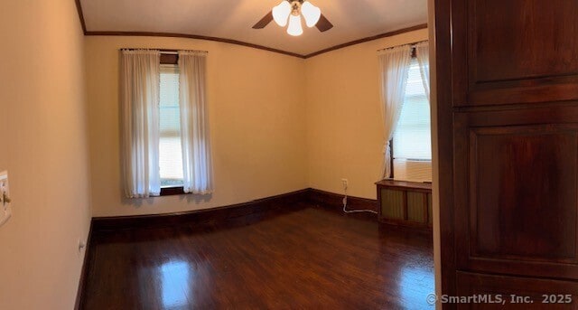 240 Walnut St, Windham, CT 06226 - empty room featuring ornamental molding, dark wood-style flooring, and ceiling fan