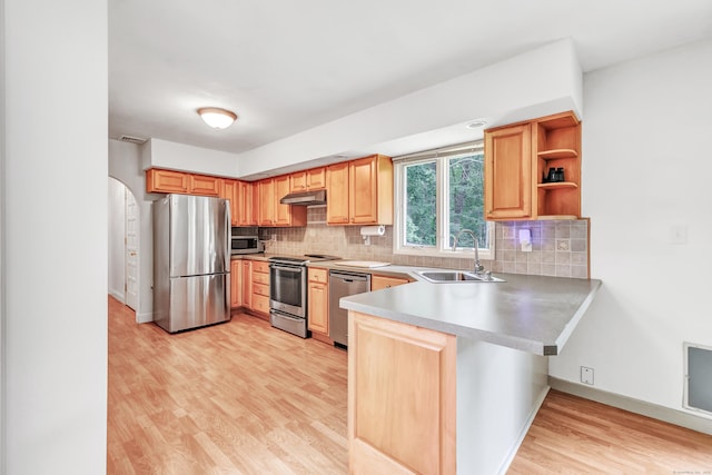 3 Yale Ave, Shelton, CT 06484 - kitchen featuring stainless steel appliances, under cabinet range hood, a peninsula, light wood-style flooring, and tasteful backsplash