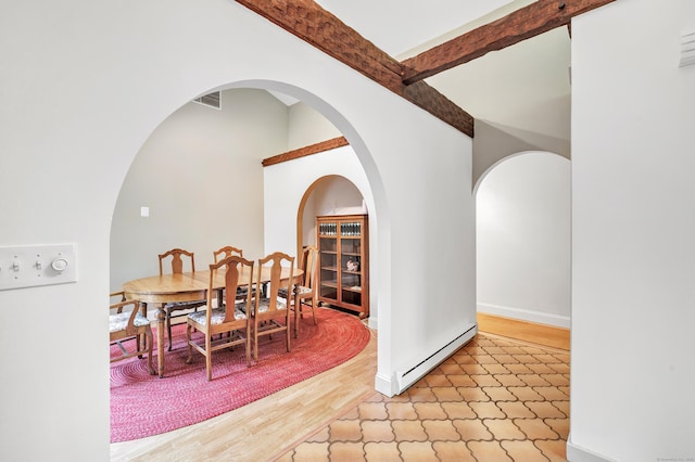 3 Yale Ave, Shelton, CT 06484 - dining room featuring a baseboard radiator, beamed ceiling, and wood finished floors