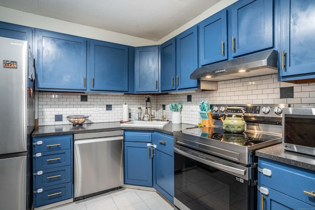 506 Twin Circle Dr Unit 506, South Windsor, CT 06074 - kitchen featuring blue cabinetry, appliances with stainless steel finishes, under cabinet range hood, and dark countertops