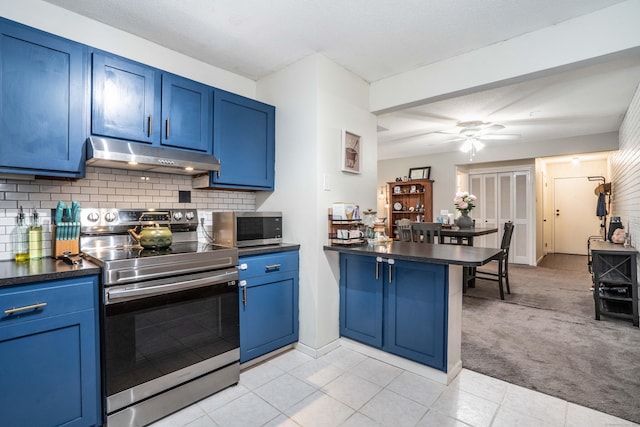 506 Twin Circle Dr Unit 506, South Windsor, CT 06074 - kitchen with blue cabinetry, appliances with stainless steel finishes, a peninsula, and under cabinet range hood