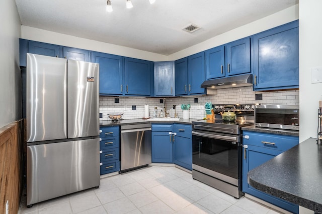 506 Twin Circle Dr Unit 506, South Windsor, CT 06074 - kitchen with blue cabinetry, appliances with stainless steel finishes, dark countertops, and backsplash