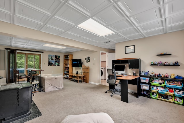 114 Tiffany Ln, Bristol, CT 06010 - carpeted office with washer / clothes dryer, a wood stove, and an ornate ceiling