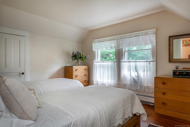 240 Main St, Salisbury, CT 06068 - bedroom featuring vaulted ceiling, a baseboard radiator, and dark wood-type flooring