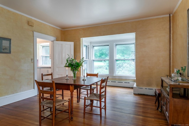 240 Main St, Salisbury, CT 06068 - dining space featuring hardwood / wood-style flooring, a baseboard radiator, and ornamental molding