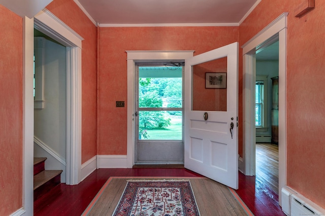 240 Main St, Salisbury, CT 06068 - entrance foyer with a baseboard heating unit, wood finished floors, crown molding, and stairs