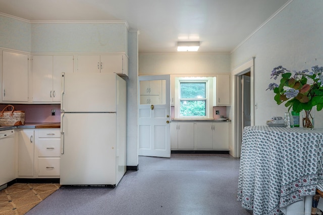 240 Main St, Salisbury, CT 06068 - kitchen featuring white appliances, white cabinetry, and crown molding