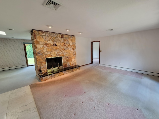 62 Rice Rd, Meriden, CT 06450 - unfurnished living room featuring a fireplace, carpet flooring, and baseboard heating