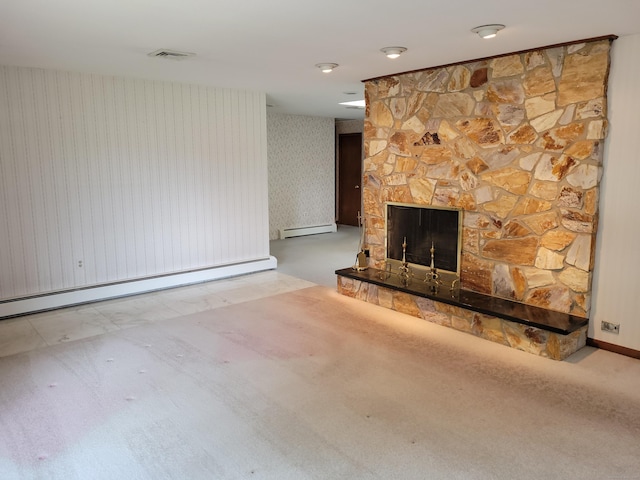 62 Rice Rd, Meriden, CT 06450 - unfurnished living room featuring a baseboard radiator, a fireplace, and wallpapered walls