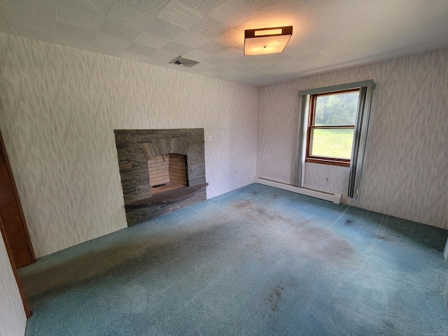 62 Rice Rd, Meriden, CT 06450 - unfurnished living room with baseboard heating, carpet flooring, wallpapered walls, and a stone fireplace