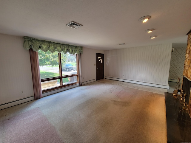 62 Rice Rd, Meriden, CT 06450 - unfurnished living room featuring a baseboard radiator, a fireplace, carpet flooring, and wallpapered walls