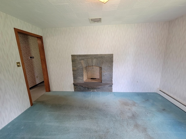 62 Rice Rd, Meriden, CT 06450 - unfurnished living room with carpet, baseboard heating, and a stone fireplace