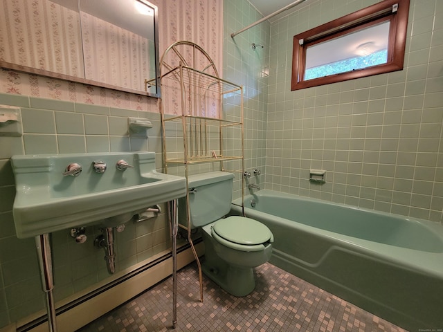 62 Rice Rd, Meriden, CT 06450 - bathroom featuring wallpapered walls, a baseboard radiator, shower / bath combination, tile patterned flooring, and tile walls