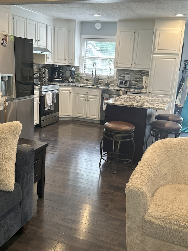 35 Depauw Cir E, Hartford, CT 06108 - kitchen featuring appliances with stainless steel finishes, under cabinet range hood, dark wood-type flooring, white cabinetry, and tasteful backsplash