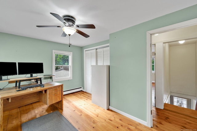 11 Harrington Rd, East Windsor, CT 06016 - home office with a baseboard heating unit, ceiling fan, and light wood finished floors