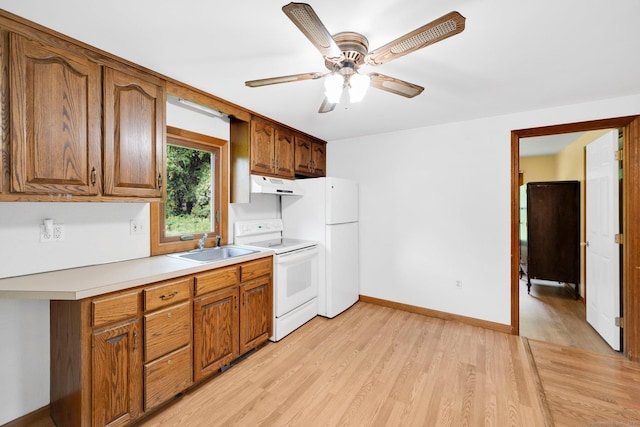 11 Harrington Rd, East Windsor, CT 06016 - kitchen featuring white appliances, under cabinet range hood, light wood finished floors, and ceiling fan