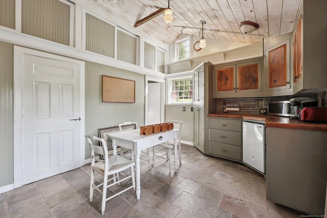 12 Jackson Rd, Killingworth, CT 06419 - kitchen with white dishwasher, stone tile flooring, high vaulted ceiling, wood ceiling, and decorative light fixtures