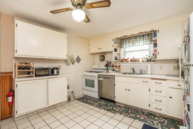 145 Quaker Ln S, West Hartford, CT 06119 - kitchen featuring dishwasher, white range with gas stovetop, light countertops, ceiling fan, and open shelves