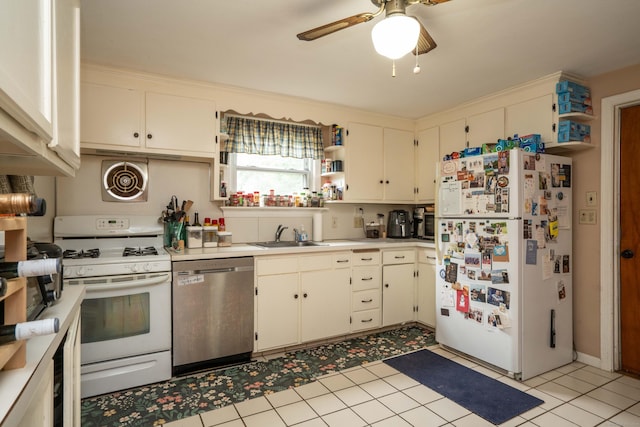 145 Quaker Ln S, West Hartford, CT 06119 - kitchen featuring white appliances, a ceiling fan, light countertops, open shelves, and light tile patterned floors