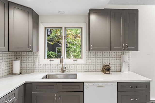 30 W Woods Rd, Burlington, CT 06013 - kitchen featuring dishwasher, gray cabinets, backsplash, and light countertops