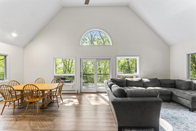 30 W Woods Rd, Burlington, CT 06013 - living area with high vaulted ceiling, hardwood / wood-style flooring, a baseboard radiator, and ceiling fan