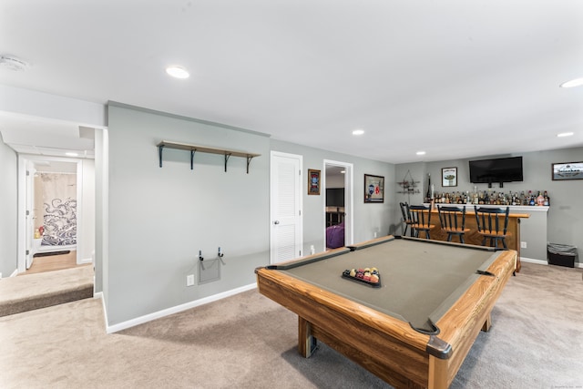 30 W Woods Rd, Burlington, CT 06013 - rec room featuring a bar, carpet flooring, recessed lighting, and pool table