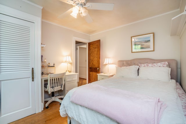169 Brace Rd, West Hartford, CT 06107 - bedroom featuring light wood-type flooring, an office area, ornamental molding, and a ceiling fan