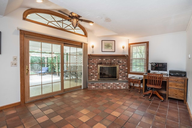 169 Brace Rd, West Hartford, CT 06107 - office with a brick fireplace, a ceiling fan, plenty of natural light, and lofted ceiling