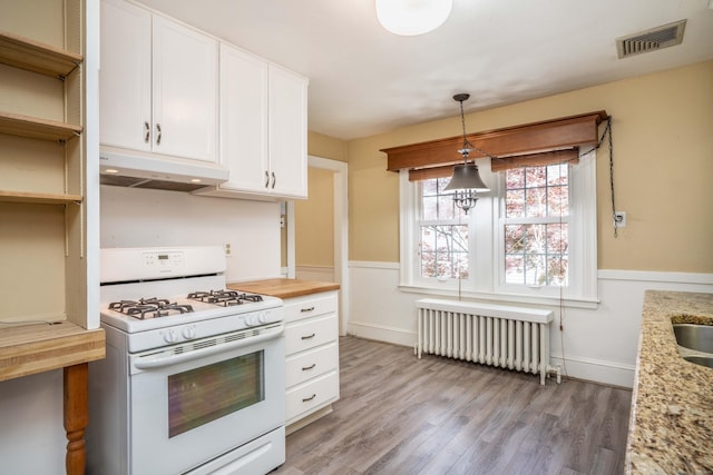 169 Brace Rd, West Hartford, CT 06107 - kitchen with white gas range oven, under cabinet range hood, radiator, light wood-style floors, and white cabinetry